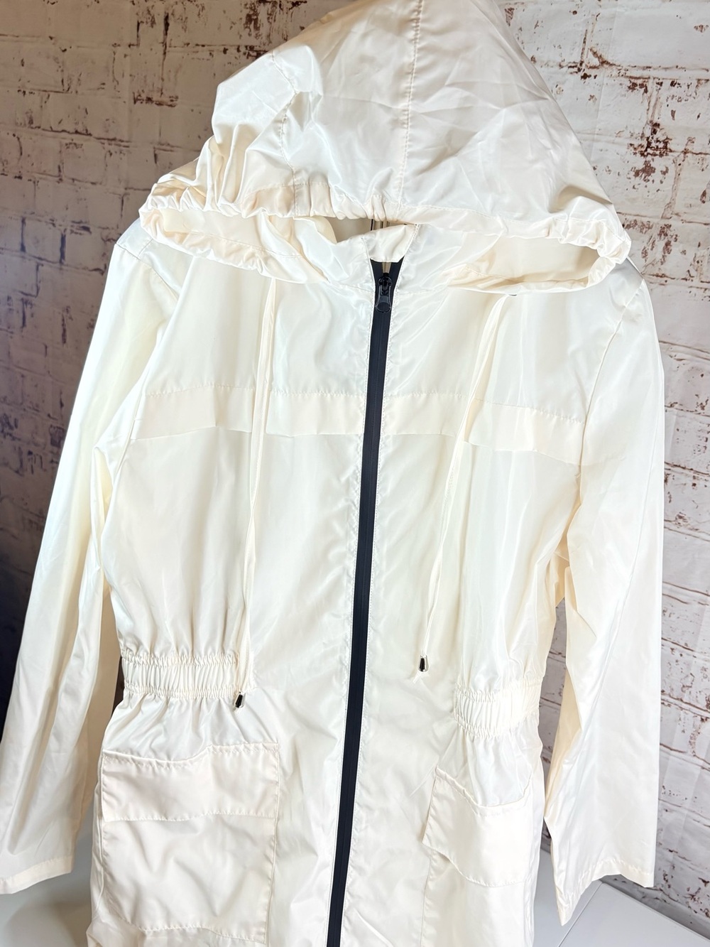 Womens Cream Hooded Trench Coat with Drawstring Waist